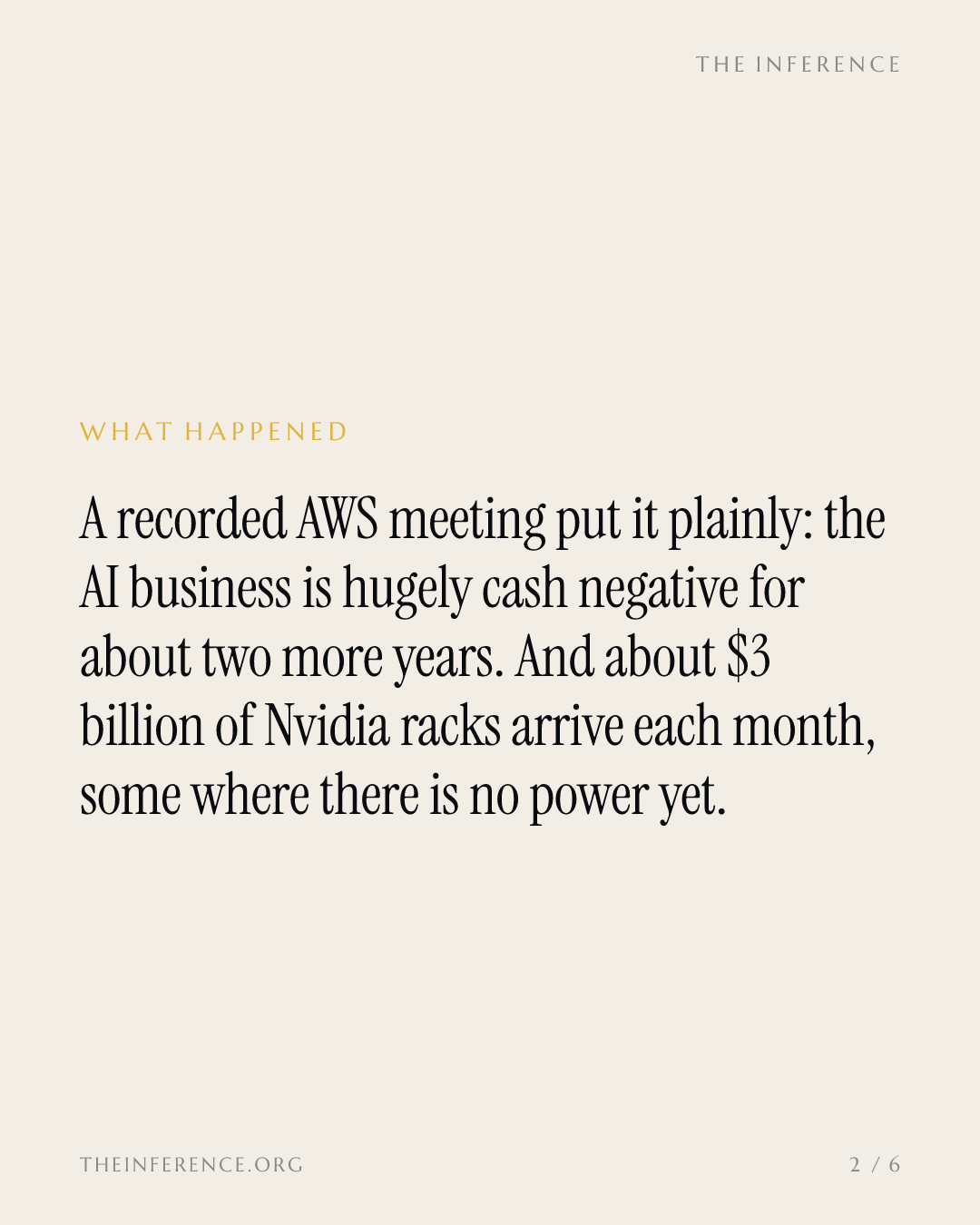 Amazon on tape: AI stays free-cash-flow negative for years; $3 billion of Nvidia racks monthly — slide 1