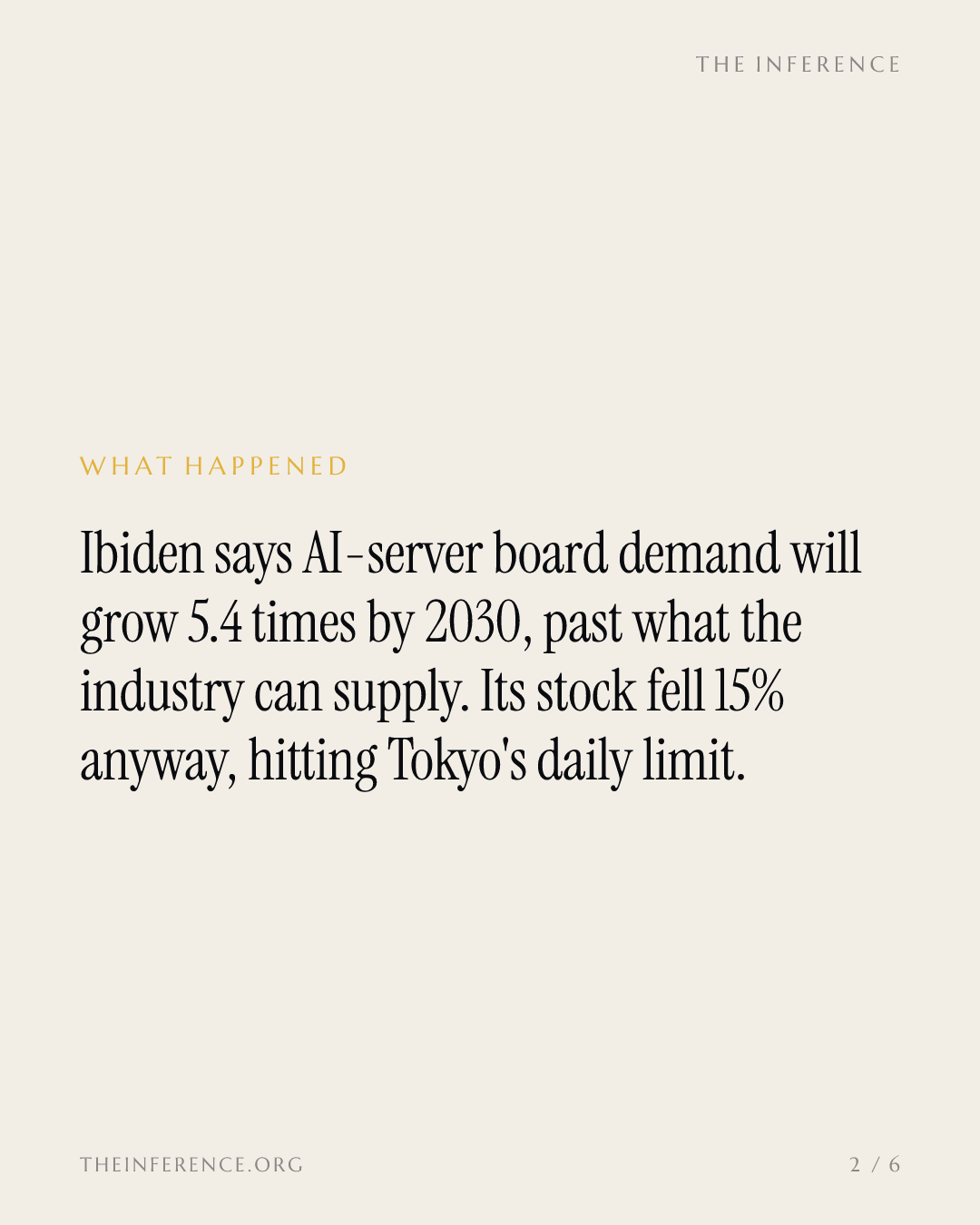 Ibiden says AI-server substrate demand grows 5.4 times by 2030, and its shares fell 15% anyway — slide 1