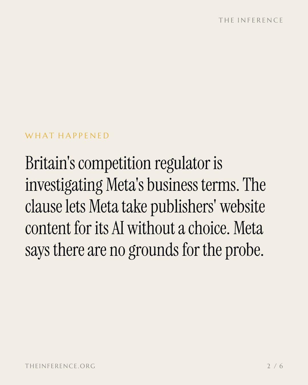 Britain's CMA investigates Meta's terms letting it scrape publishers' content for AI without a choice — slide 1