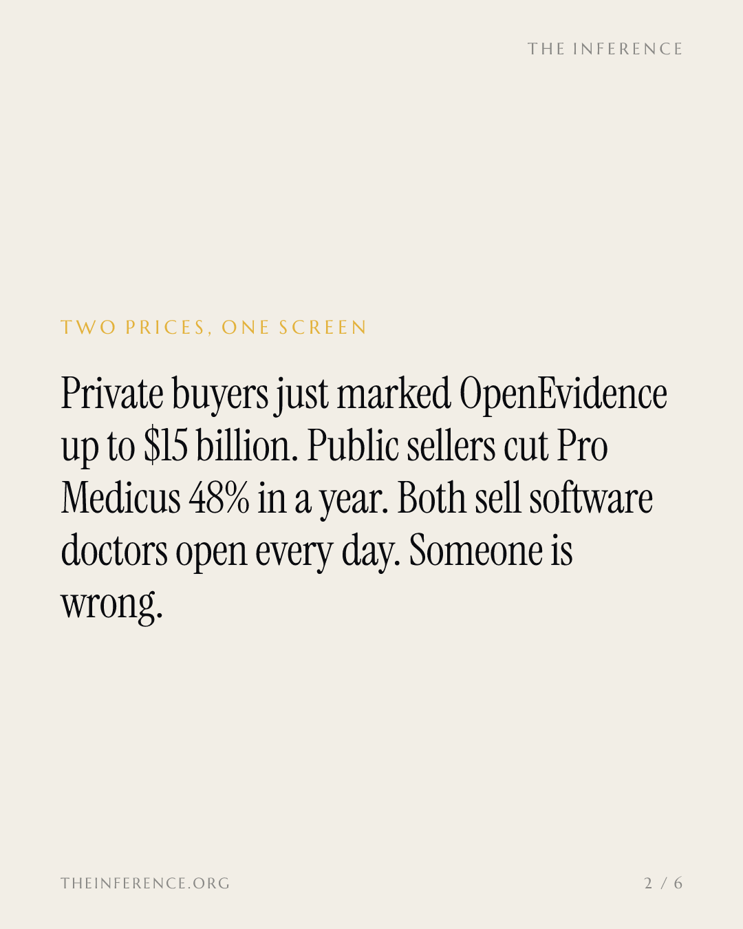 OpenEvidence raised $250 million at $15 billion; Pro Medicus fell 48% in a year on the same doctor screen — slide 1