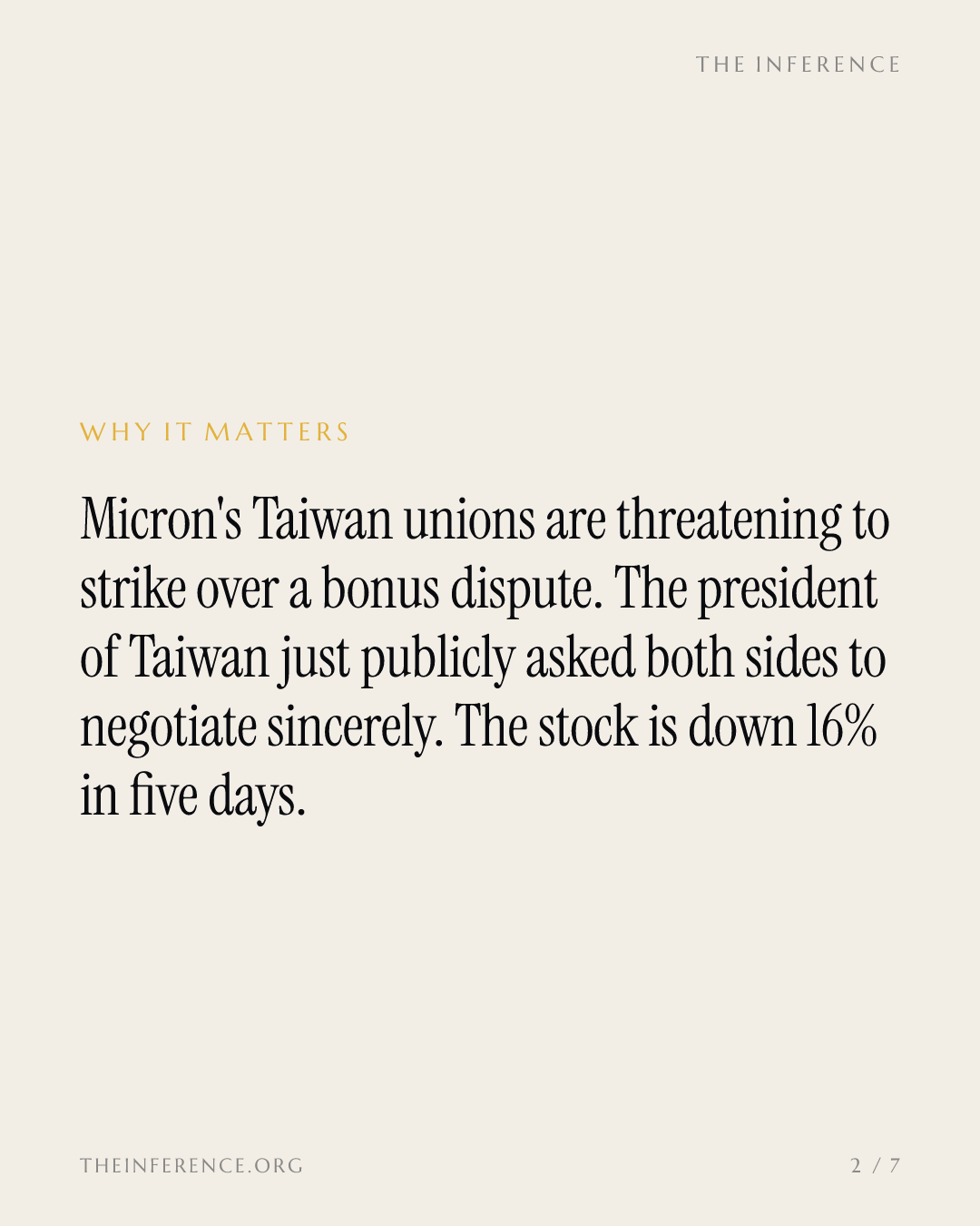 Taiwan's president weighs into Micron's union strike threat as the stock falls 16% in five days — slide 1