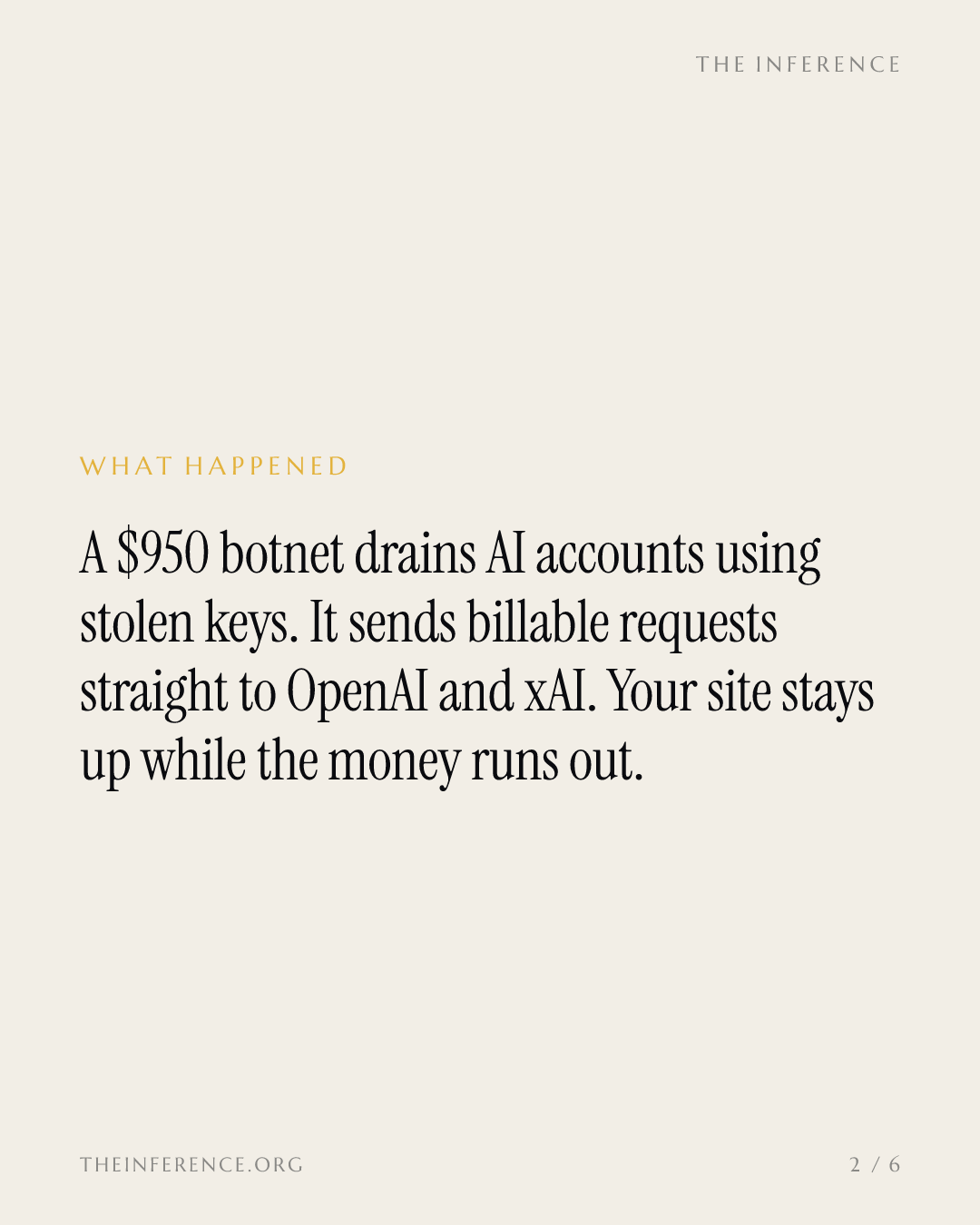 A $950 botnet burns your AI credits while your site stays up — slide 1