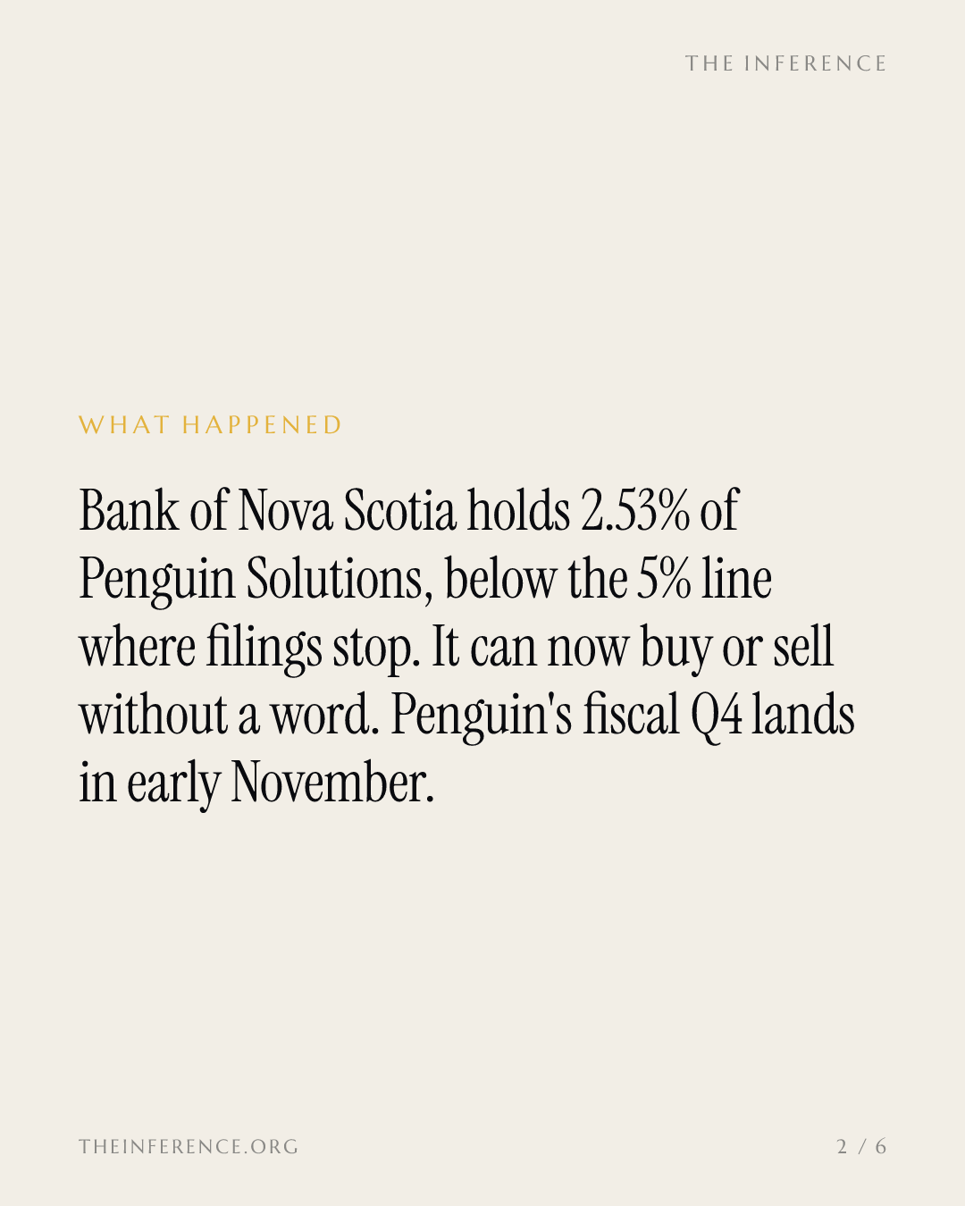 Bank of Nova Scotia went quiet on Penguin Solutions at 2.53% three weeks before its fiscal Q4 print — slide 1