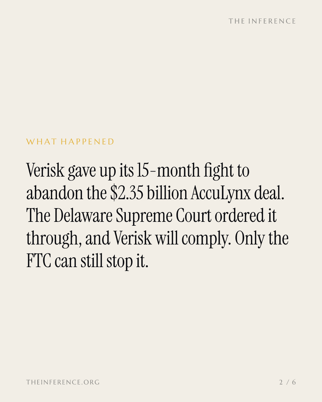 Verisk surrenders its 15-month fight to escape the $2.35 billion AccuLynx deal, leaving the FTC the last gate — slide 1