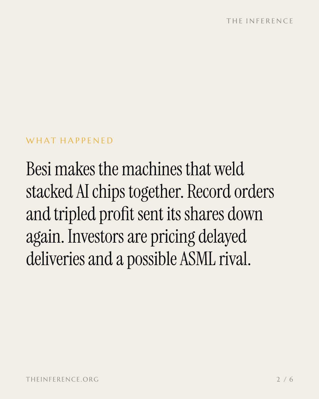 Besi booked record €342.6 million orders and 324% profit growth; the stock is down more than 50% — slide 1