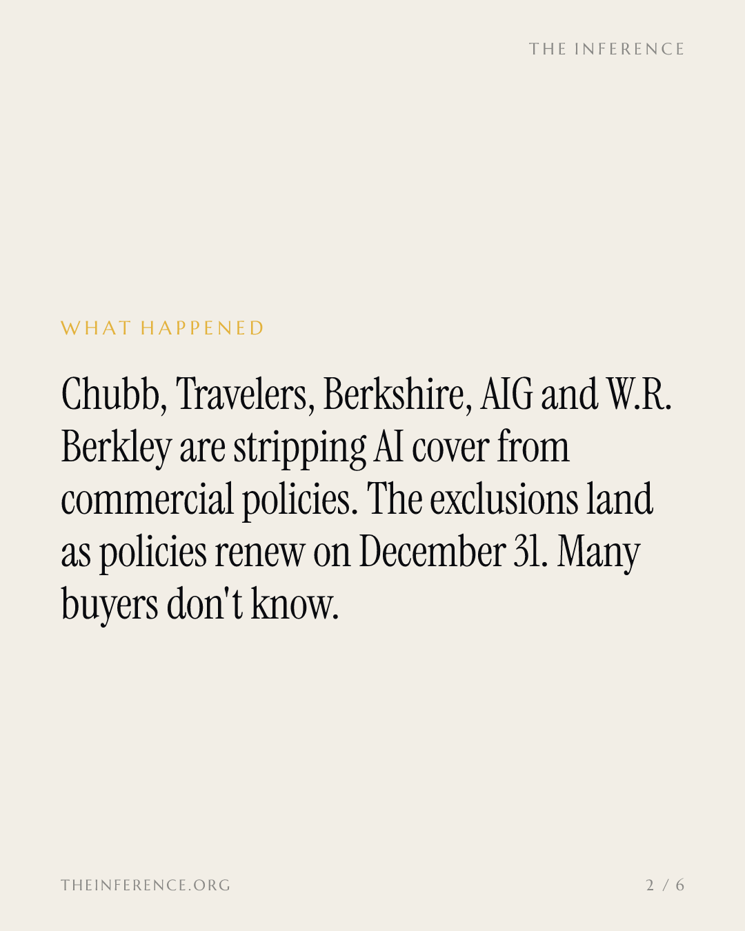 Chubb, Travelers and Berkshire are dropping AI coverage; Corgi's $5 billion startup prices the risk — slide 1