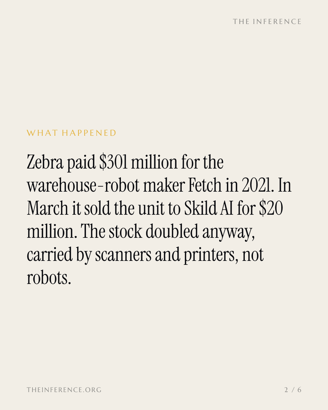 Zebra sold its robots to Skild AI at 6.6 cents on the dollar, and the stock nearly doubled anyway — slide 1