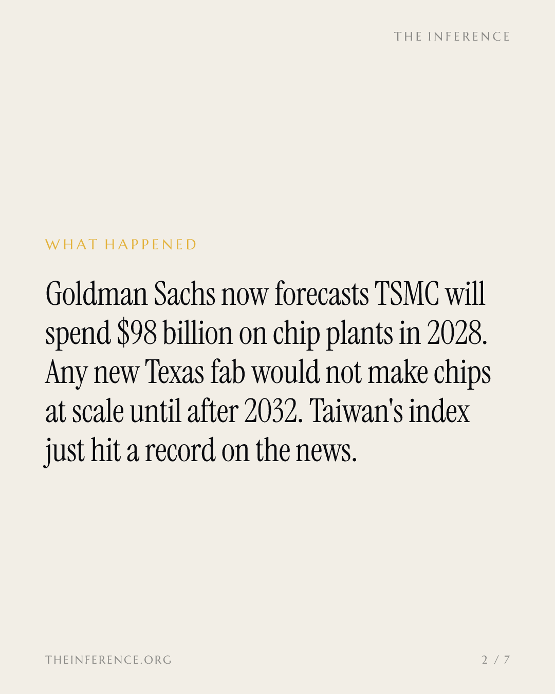 Goldman lifts TSMC's 2028 capex to $98 billion while pushing the Texas payoff past 2032 — slide 1