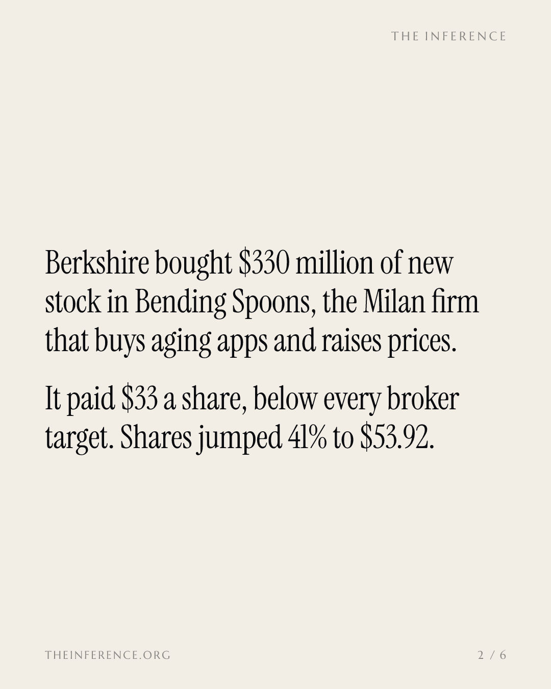Berkshire Hathaway pays $33 a share for $330 million of new Bending Spoons stock; shares jump 41% — slide 1