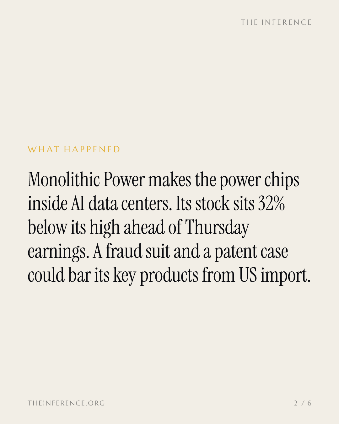 Monolithic Power is 32% below its high before October 29 earnings, with a fraud suit and Vicor's import bid — slide 1