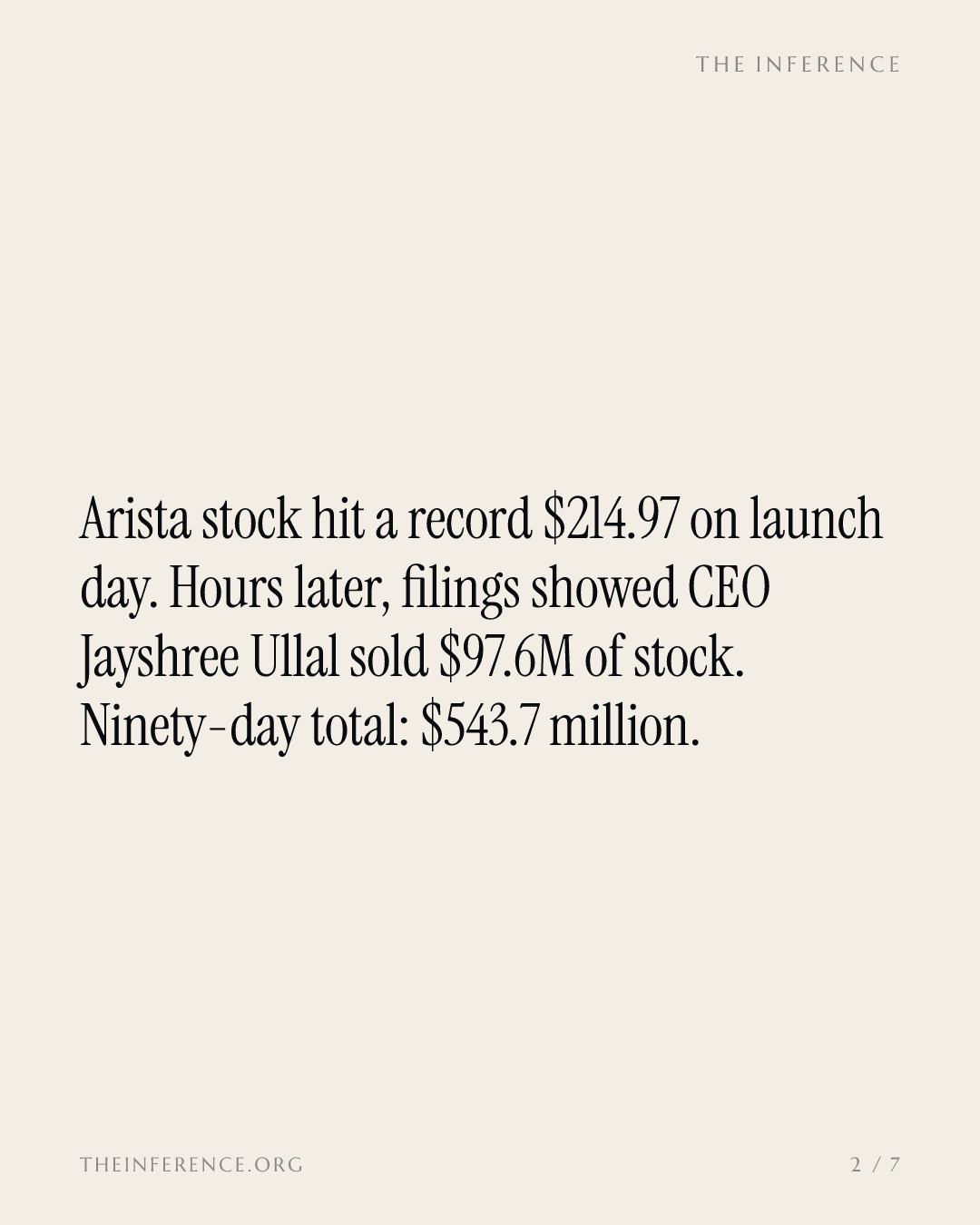 Arista's CEO sold $97.6M of stock on launch day, at the all-time high — slide 1