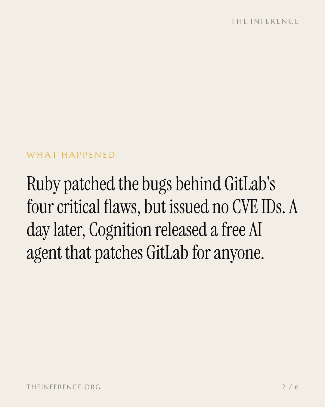 GitLab's four CVEs got fixed twice: by Ruby, and by a free AI agent — slide 1