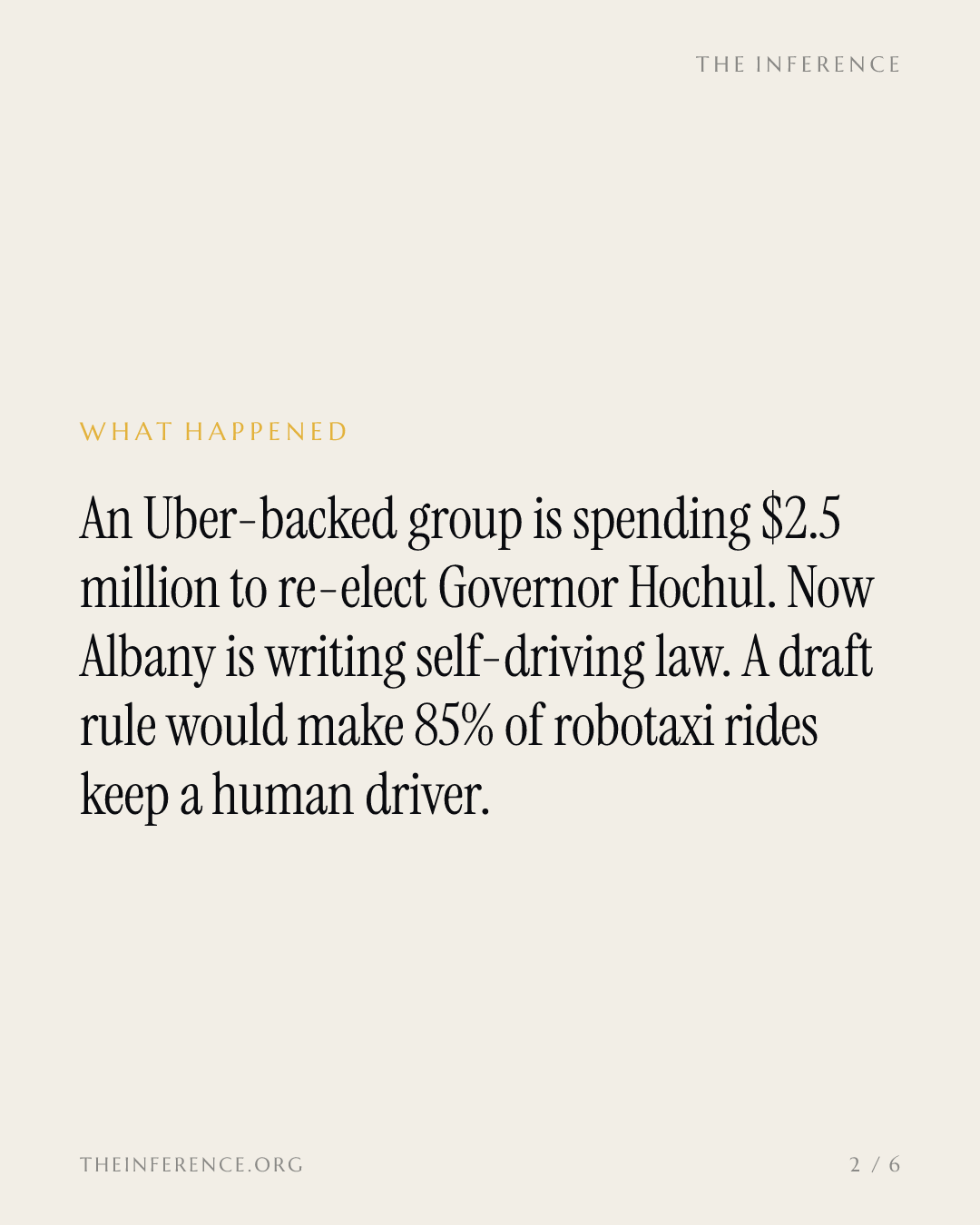 Uber's allies spent a record $10.9 million in Albany; its draft rule would keep 85% of robotaxi rides human — slide 1