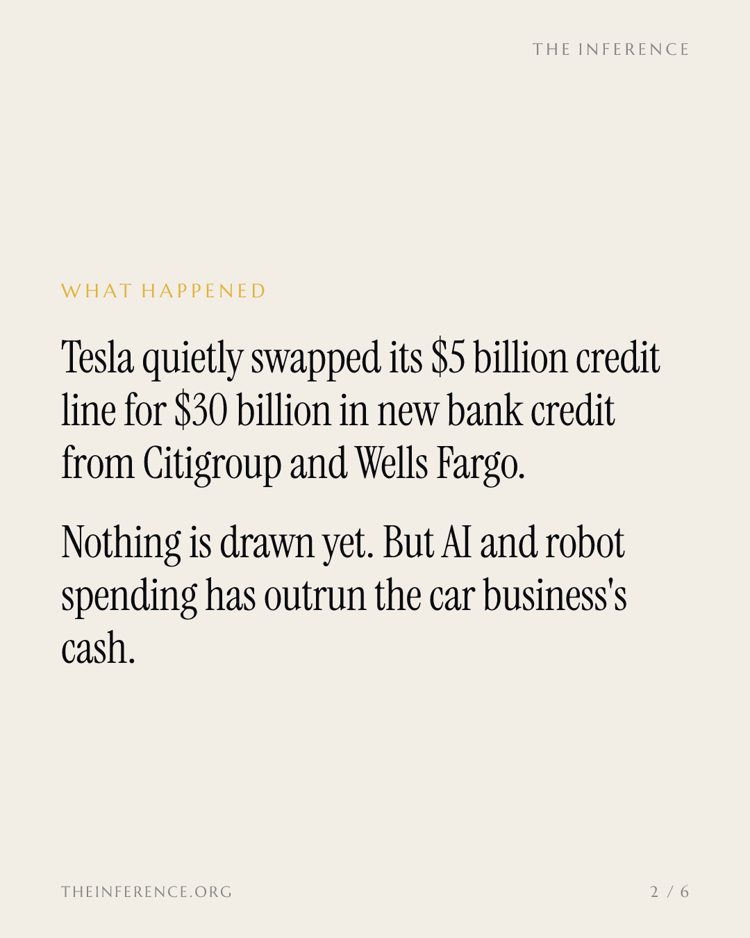 Tesla lined up $30 billion of bank credit from Citigroup and Wells Fargo as free cash flow turned negative — slide 1