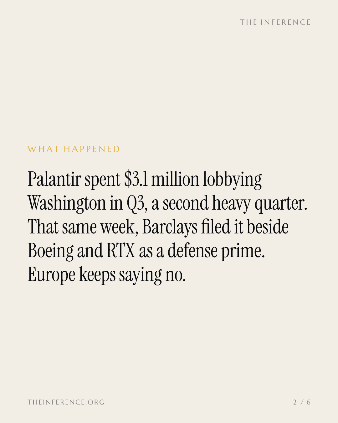 Palantir pays prime-contractor prices in Washington while Europe's armies say no — slide 1
