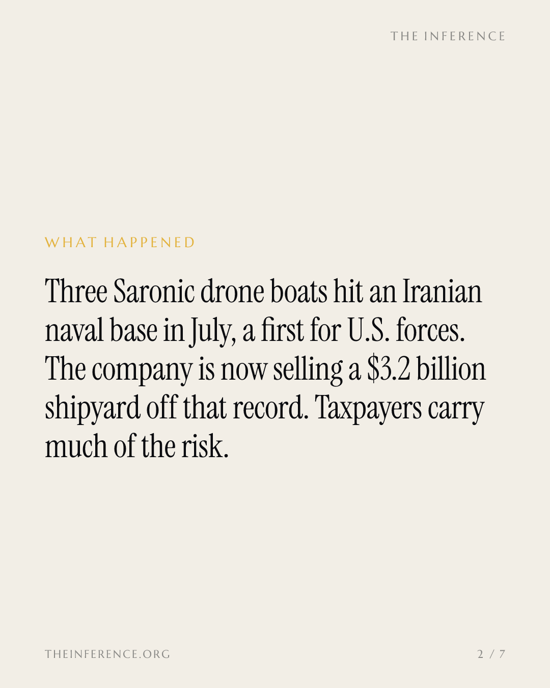 A 7-metre drone boat struck Iran. Now Saronic is selling a 260-metre shipyard — slide 1