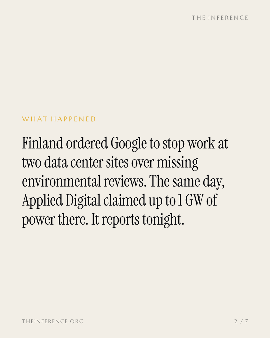Finlandia congela las obras de Google. Applied Digital presenta resultados esta noche — slide 1
