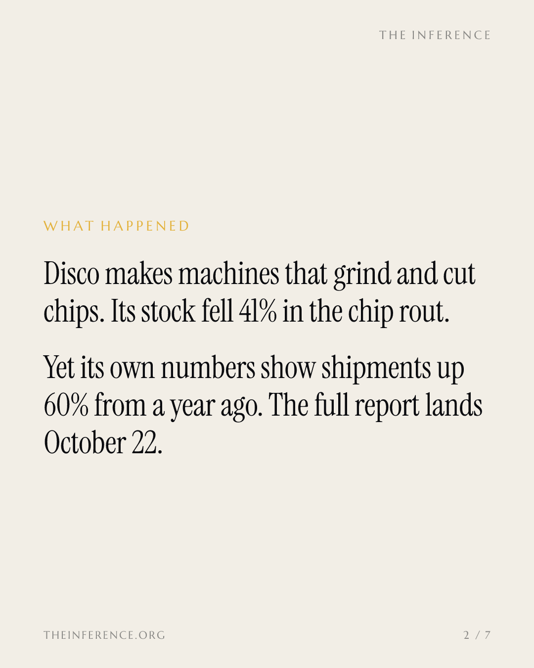 Disco Corp shipped 60% more chip machines as its stock fell 41% from its high; results land October 22 — slide 1