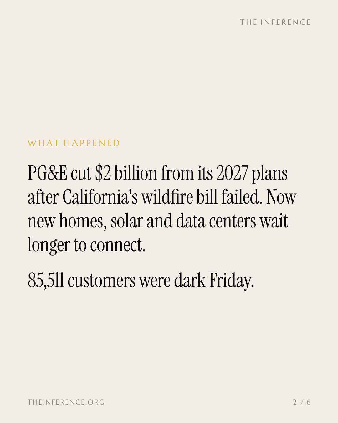 PG&E blacked out 85,000 customers as its $2 billion cut slows new homes, renewables and data centers — slide 1