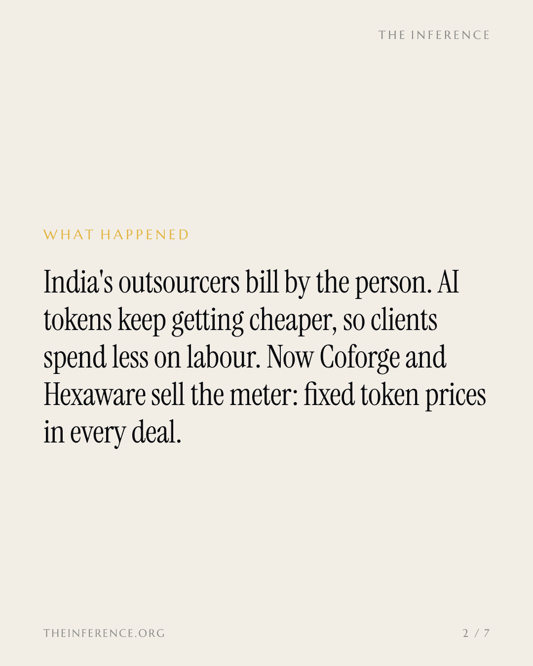 La déflation des tokens ronge la ligne « main-d'œuvre » : les prestataires indiens de l'externalisation informatique vendent donc le compteur — slide 1