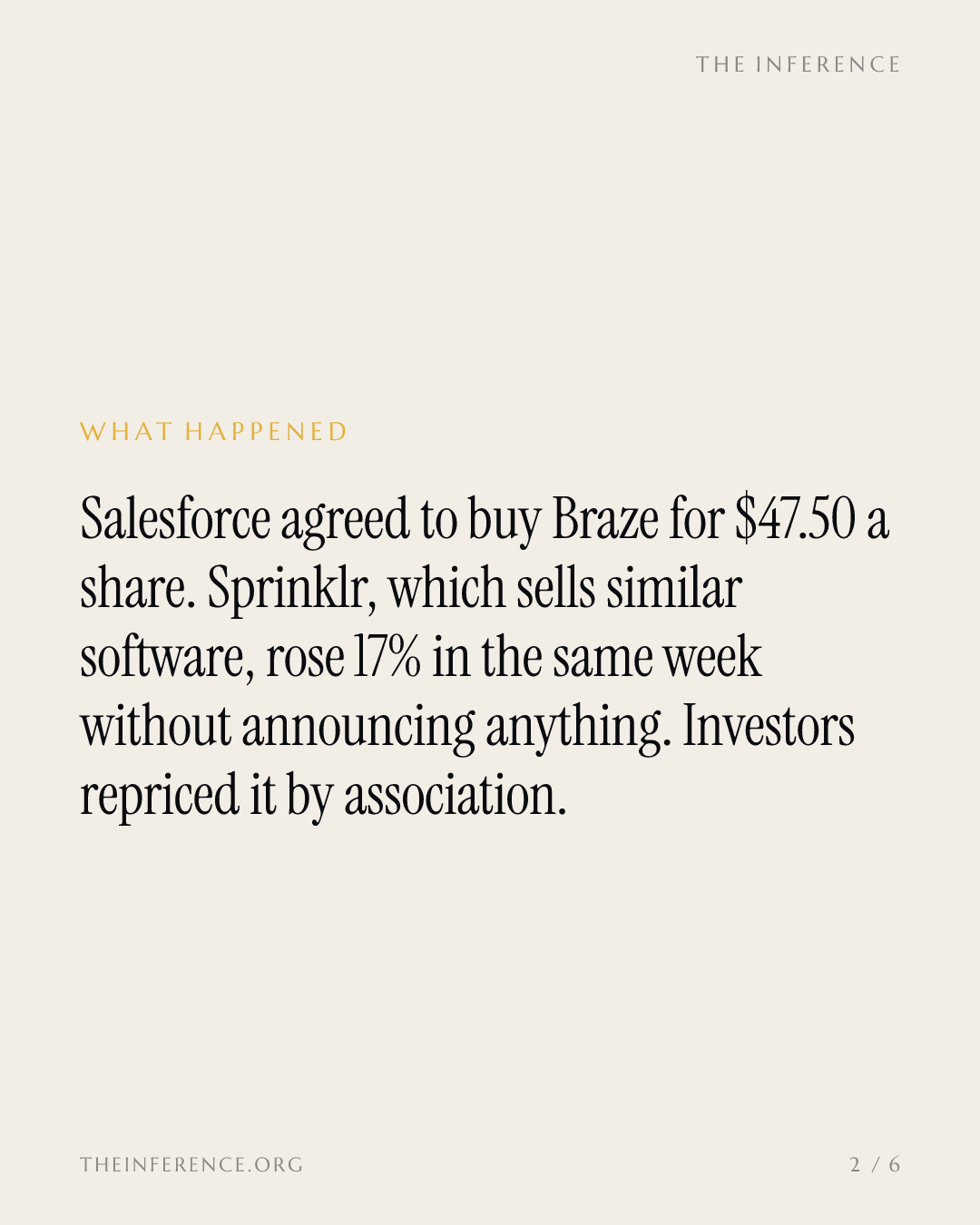 Sprinklr rose 17% on Salesforce's $47.50 Braze deal, but grew 1% while Braze grew 26% — slide 1