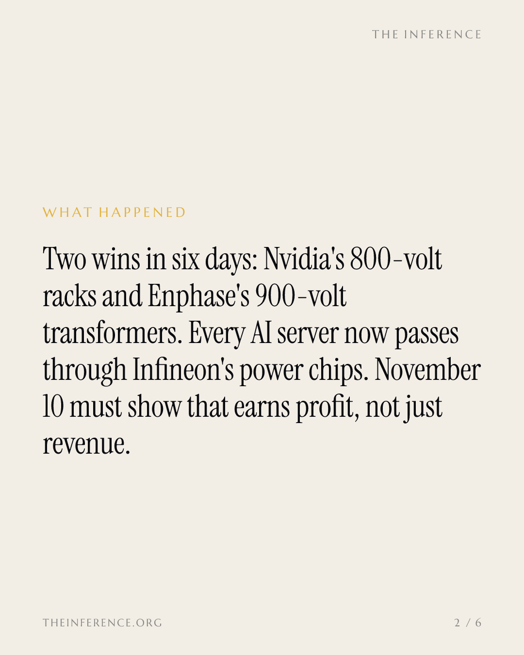 Infineon is inside Nvidia's 800-volt AI racks and Enphase's 900-volt transformers; Nov. 10 decides the margin — slide 1