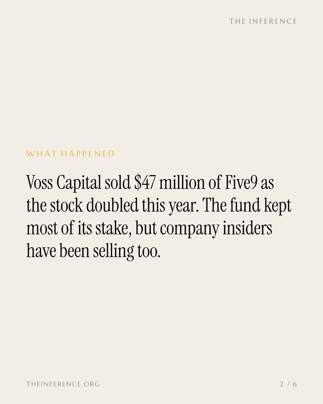 Voss Capital sold 28.4% of its Five9 stake for $47 million as the stock rose 87.6% this year — slide 1