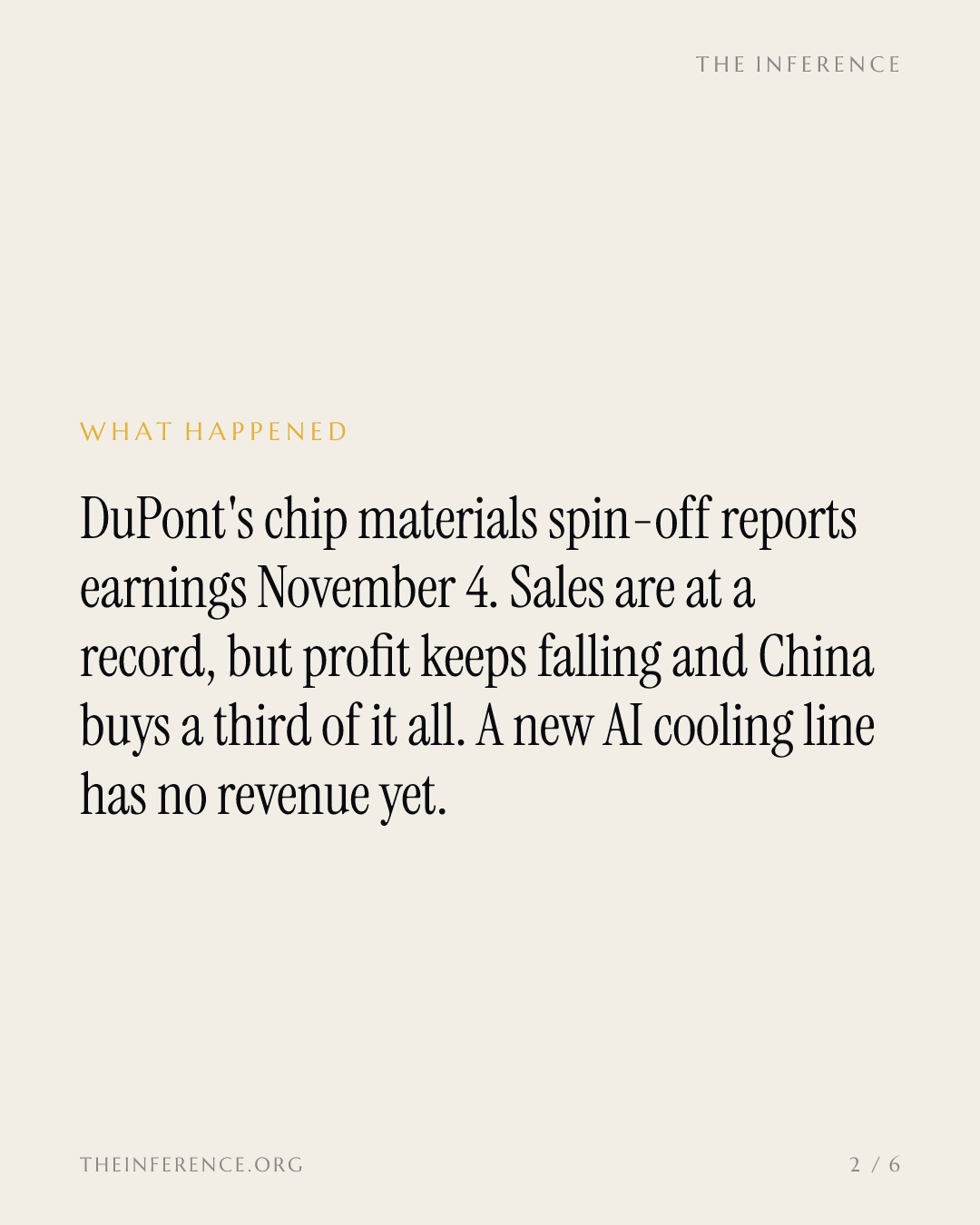 Qnity, the DuPont spin-off, reports November 4 with China at 33% of sales and no AI cooling revenue yet — slide 1