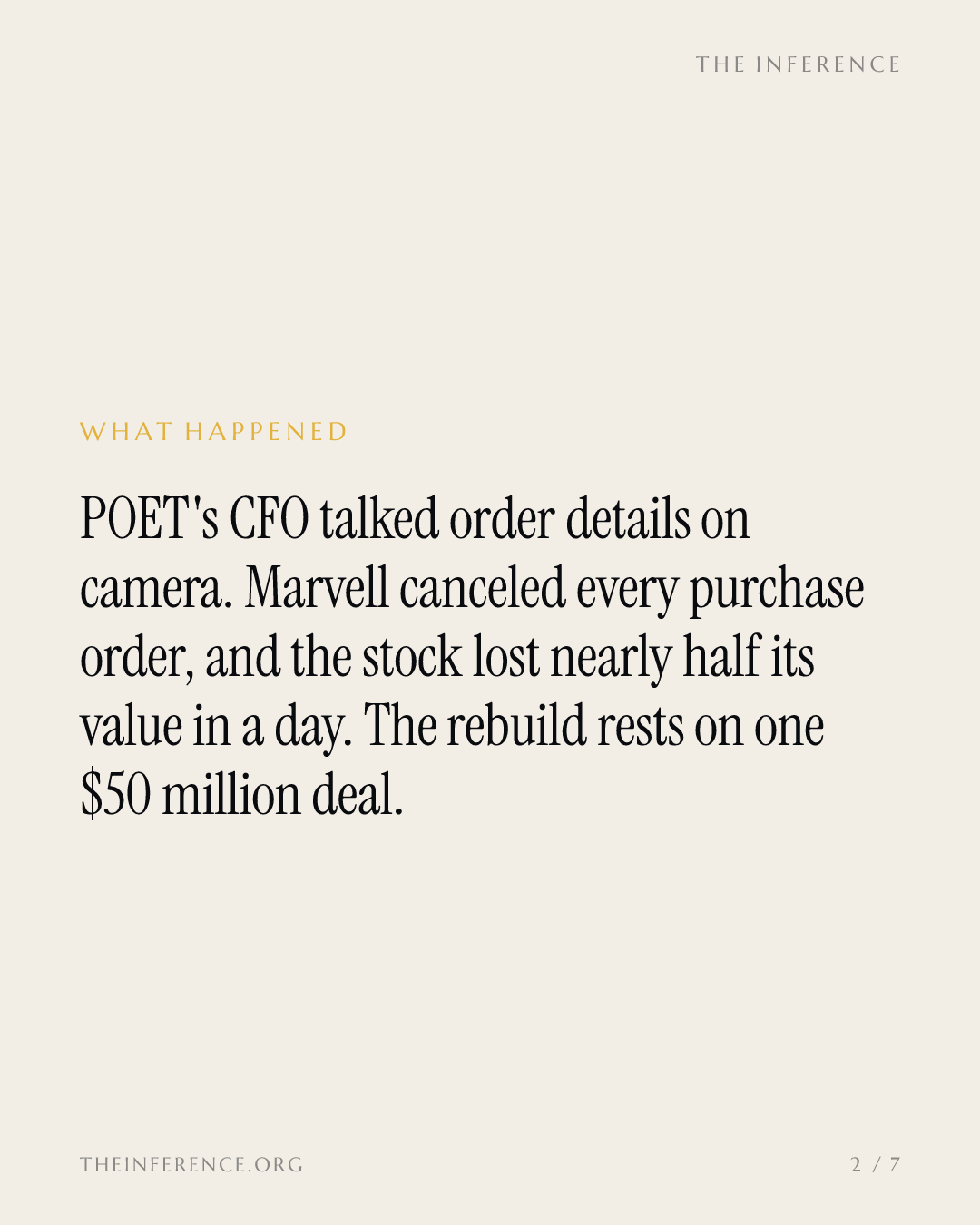 POET lost every Marvell order after its CFO spoke. The rebuild is one $50 million deal — slide 1