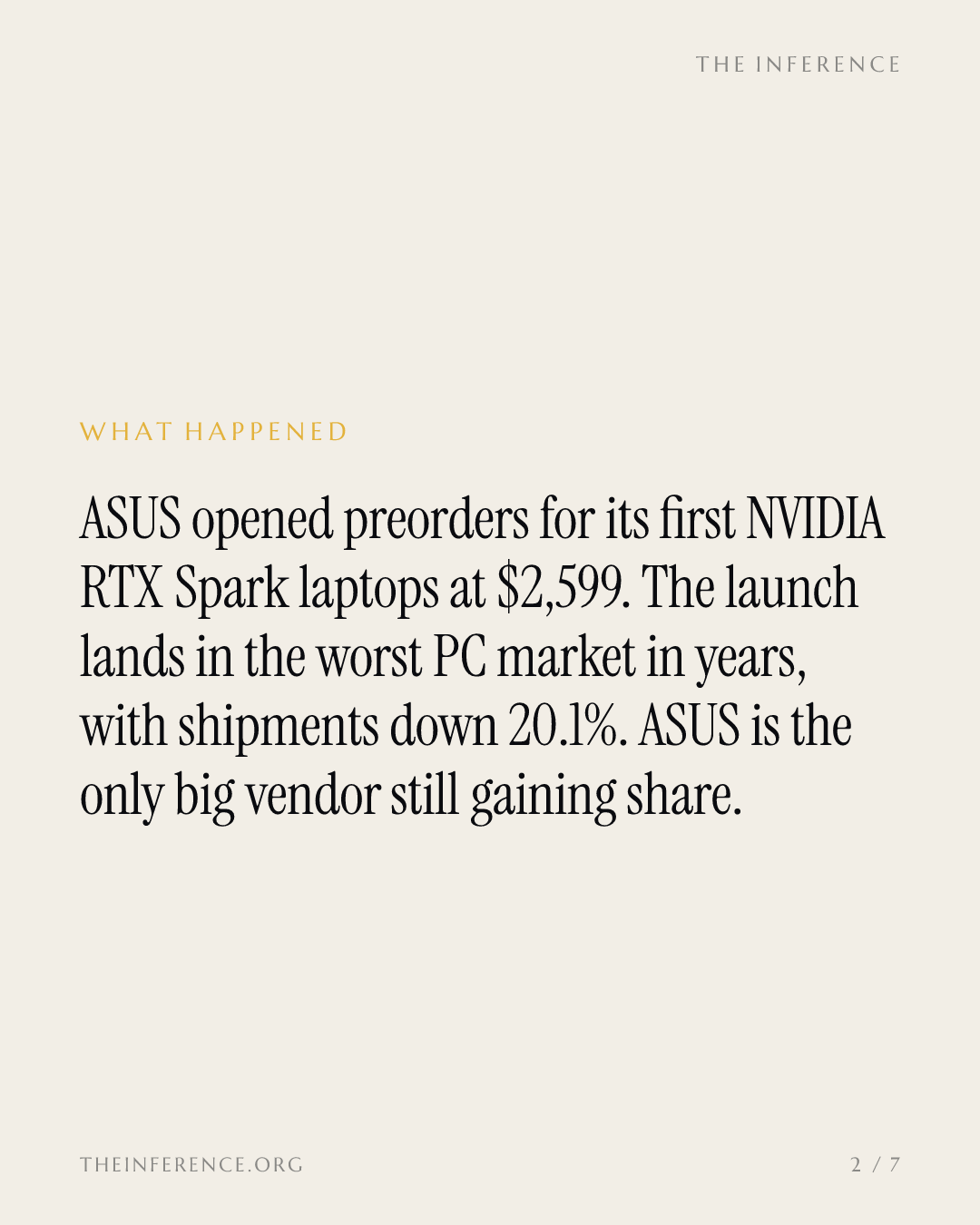 ASUS opens $2,599 NVIDIA RTX Spark preorders as PC shipments fall 20.1% and only ASUS gains share — slide 1