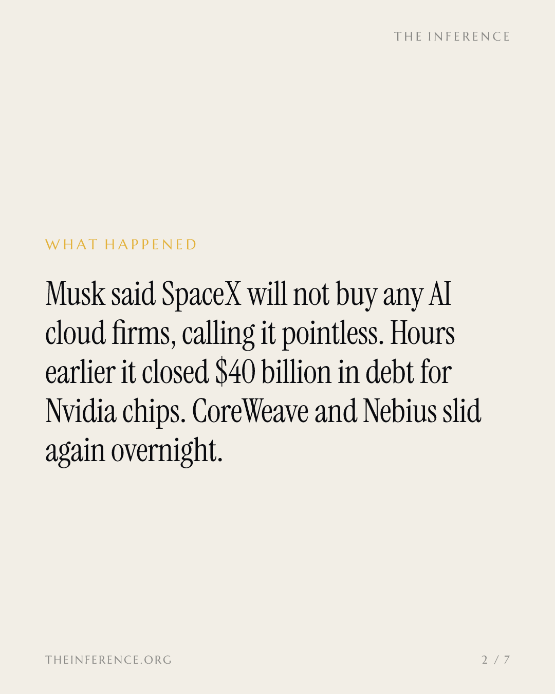 Musk rules SpaceX out of buying AI cloud firms as CoreWeave's debt hits $51.6 billion — slide 1
