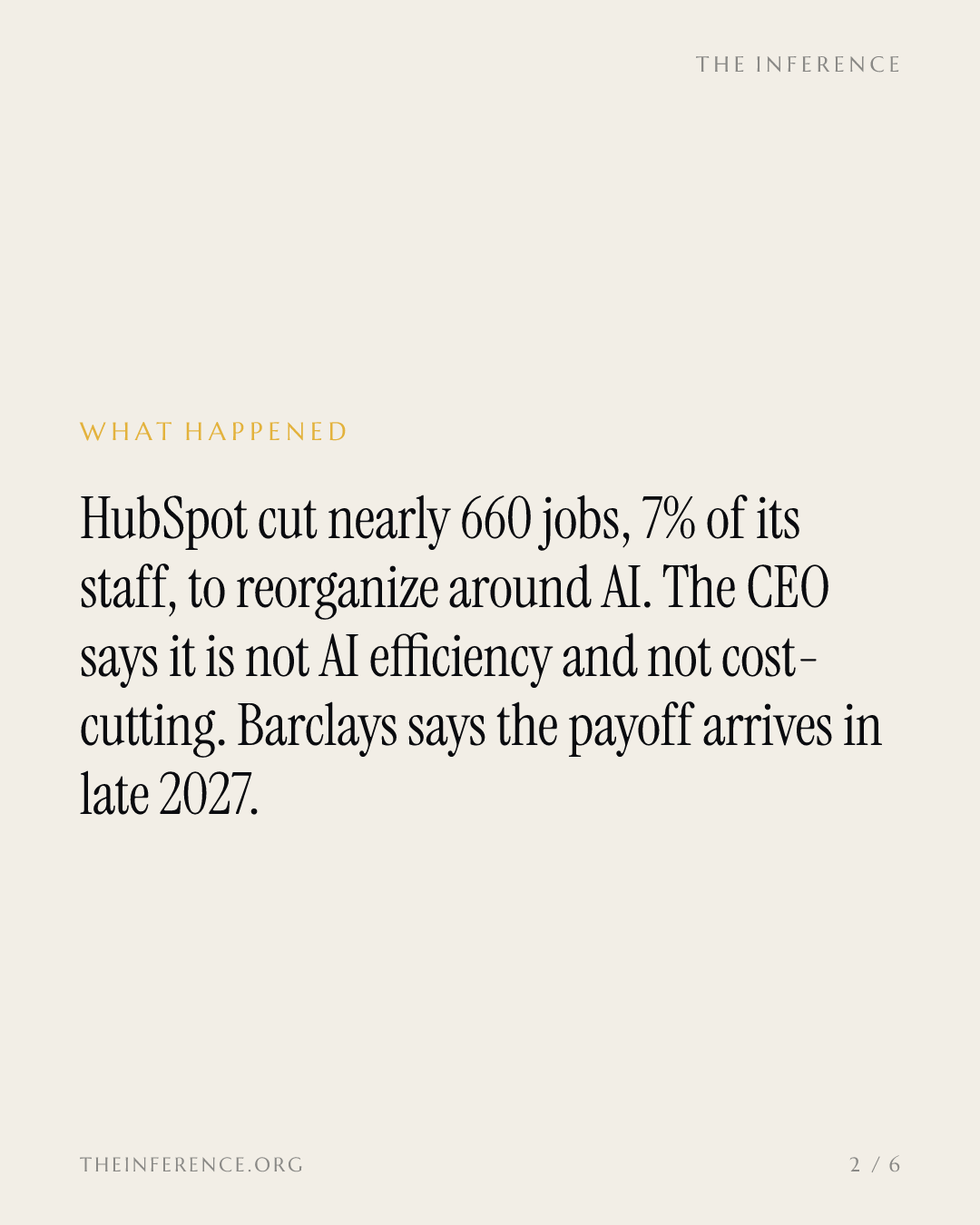 HubSpot cuts nearly 660 jobs, 7% of staff, as Barclays dates its AI payoff to late 2027 — slide 1