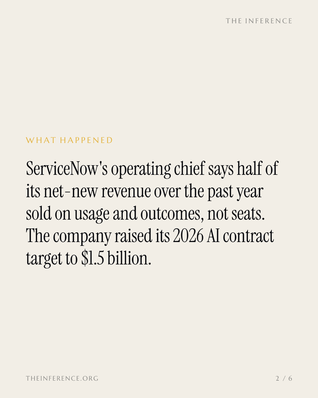 ServiceNow says half its net-new revenue now sells without seats; 2026 AI target rises to $1.5 billion — slide 1