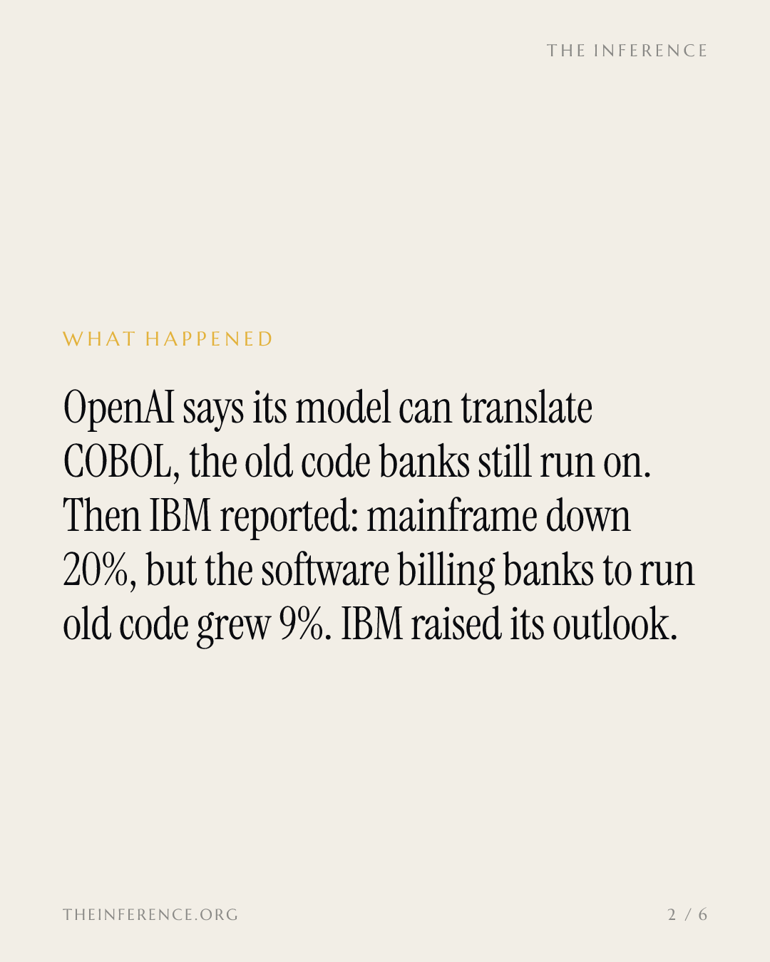 IBM's first quarter since OpenAI's 97.9% COBOL score: mainframe down 20%, billing software up 9% — slide 1