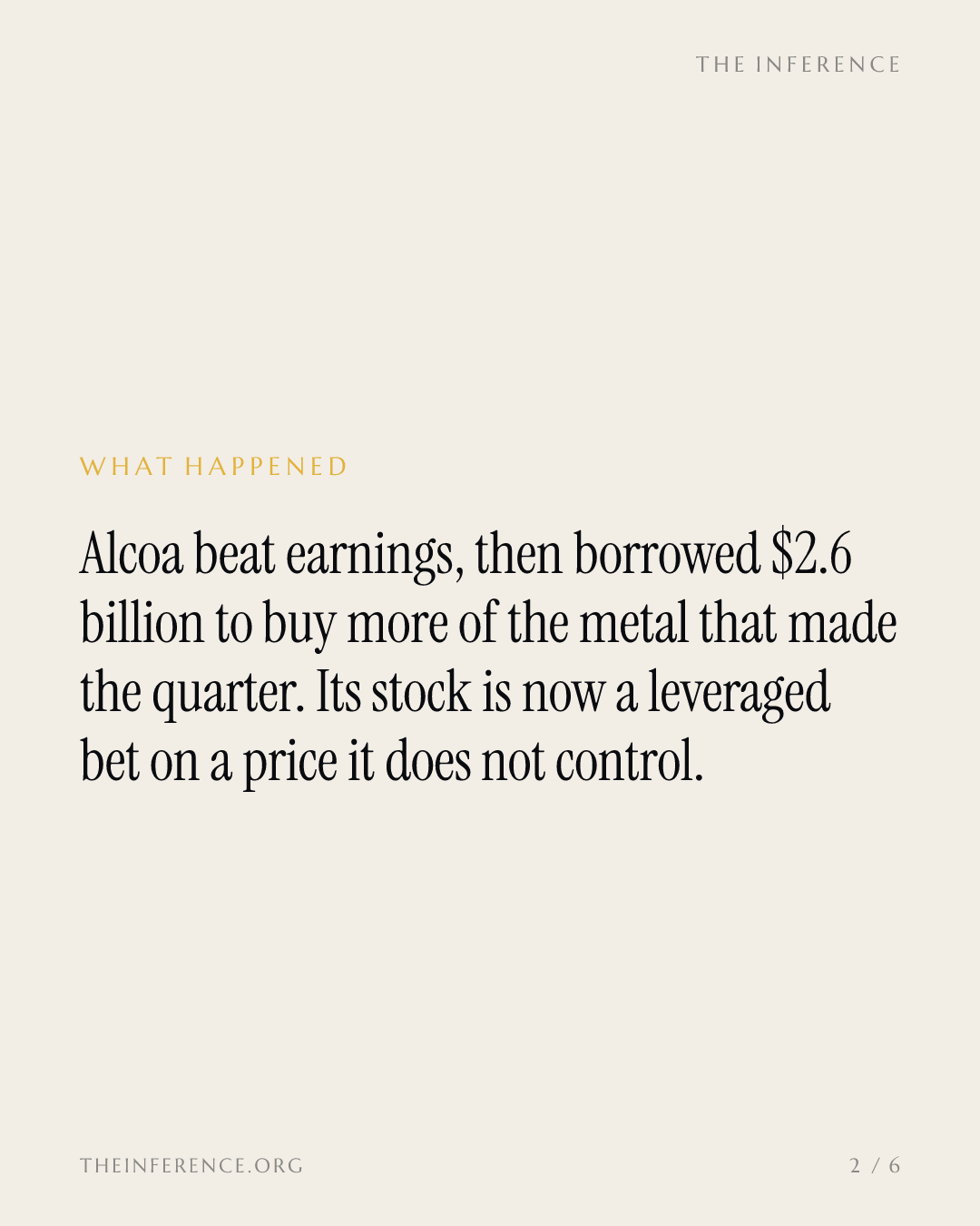 Alcoa beat on a $4,527 aluminum price, then borrowed $2.6 billion to double down — slide 1