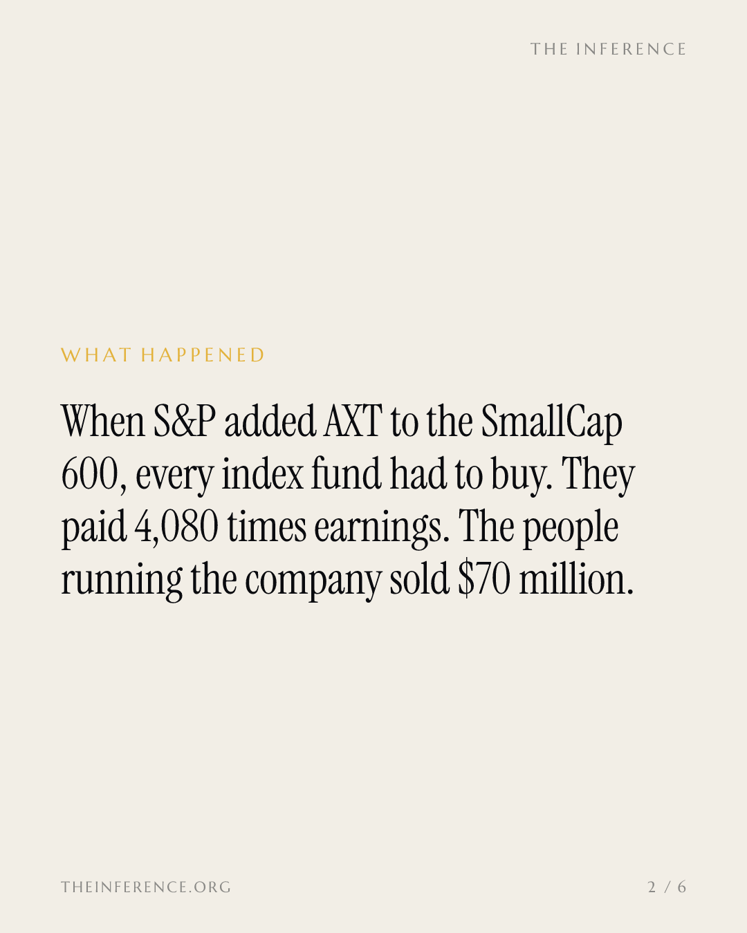 S&P 600 funds had to buy AXT at 4,080x earnings. Insiders sold $70 million. — slide 1