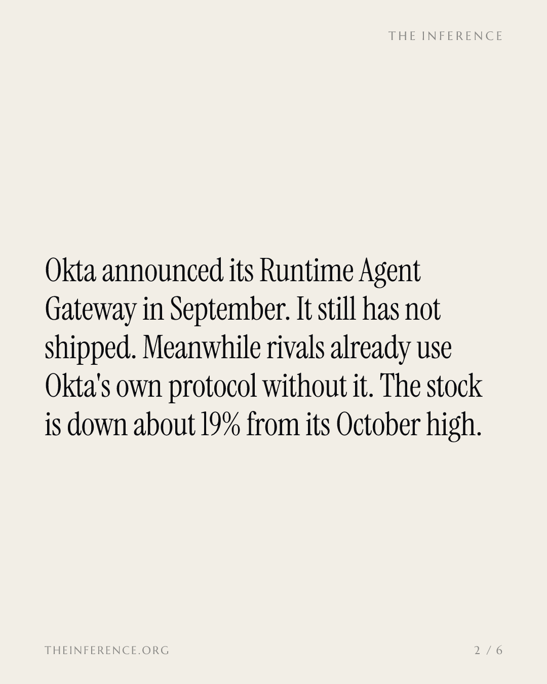 Okta's agent gateway still hasn't shipped; rivals enforce its own protocol — slide 1