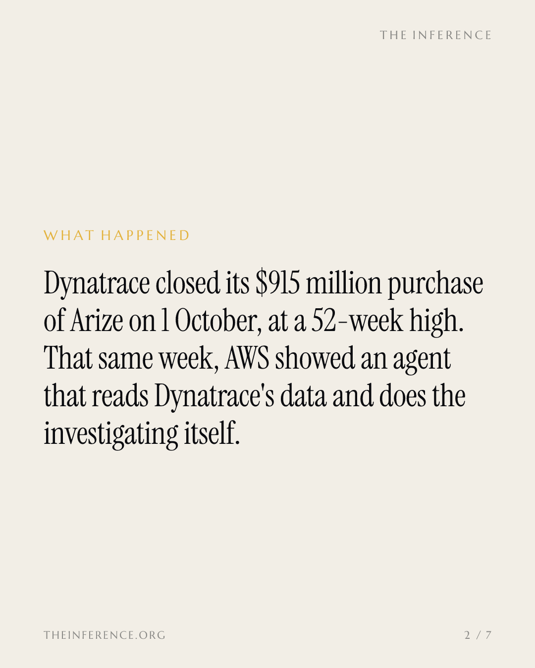 Dynatrace spent $915M on AI observability the week AWS shipped an agent that does the investigating — slide 1