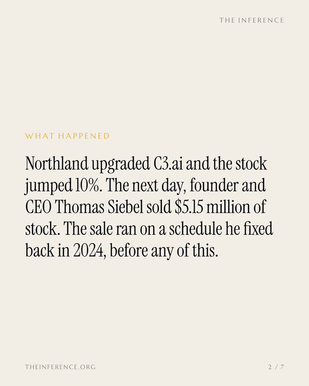 C3.ai founder Thomas Siebel sold $5.15 million of stock a day after the upgrade, under a plan set in 2024 — slide 1
