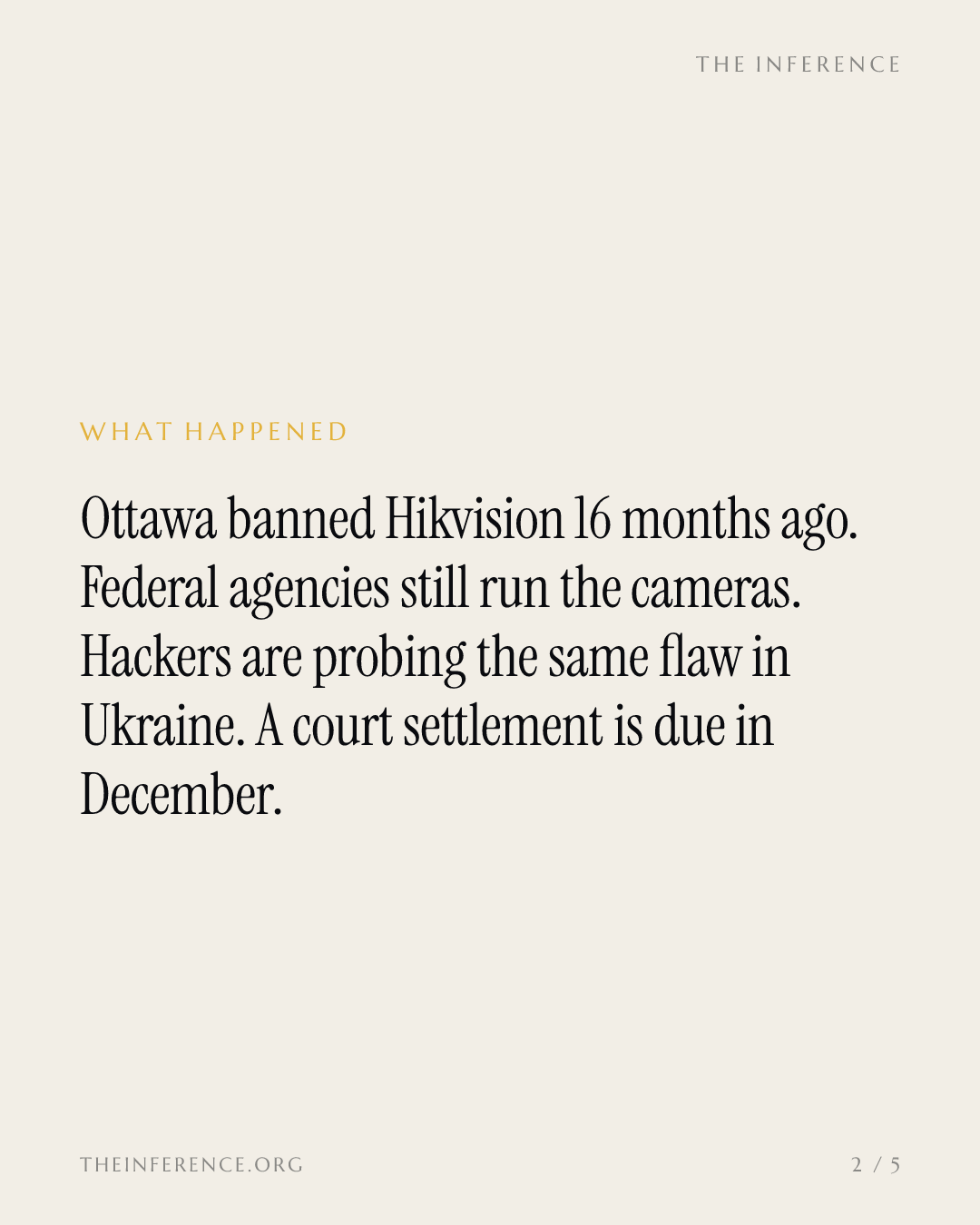Ottawa banned Hikvision 16 months ago; more than 28,700 cameras remain live on Canada's public internet — slide 1