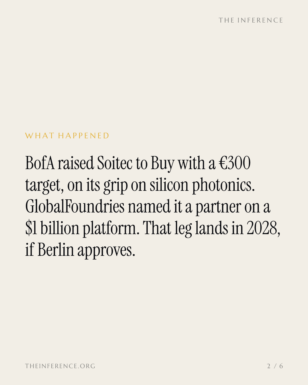 BofA raised Soitec to €300 on photonics; GlobalFoundries named it a partner on a $1 billion chip platform — slide 1