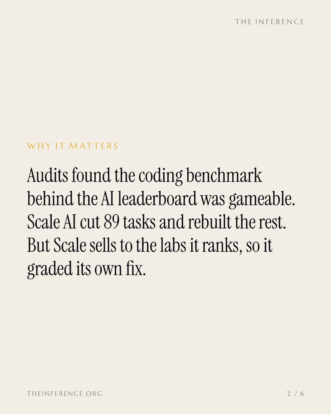 Scale AI cut 89 tasks from its coding benchmark after an audit found gaming, then graded its own fix — slide 1