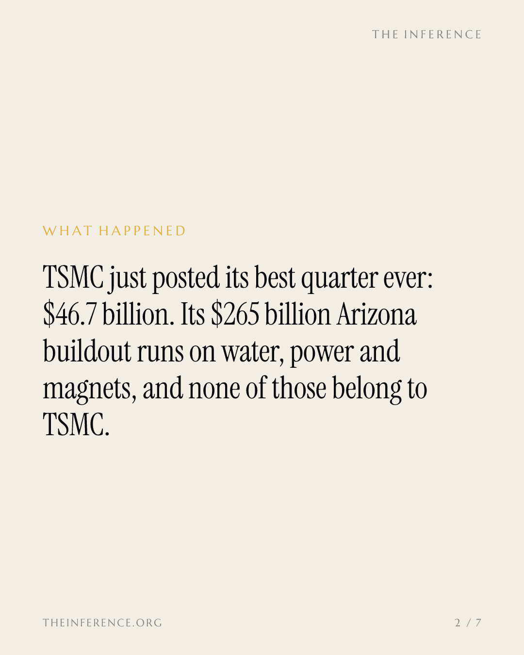TSMC's $265 billion Arizona bet runs on nearly 5 million gallons of water a day and magnets it does not own — slide 1