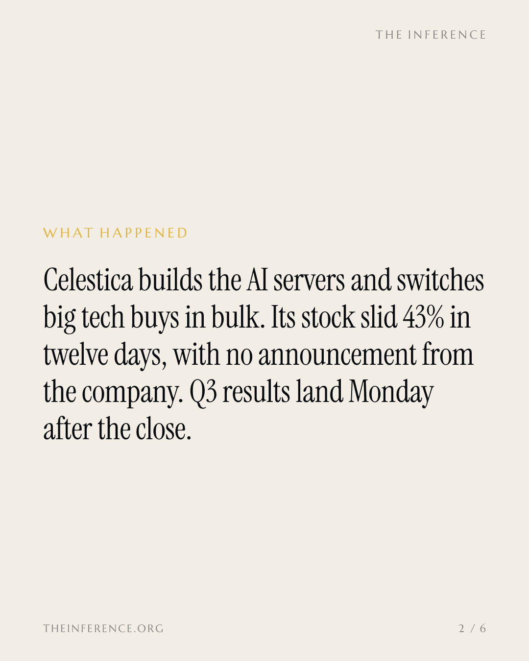 Celestica fell 43% from its peak on no news, and the verdict lands Monday — slide 1