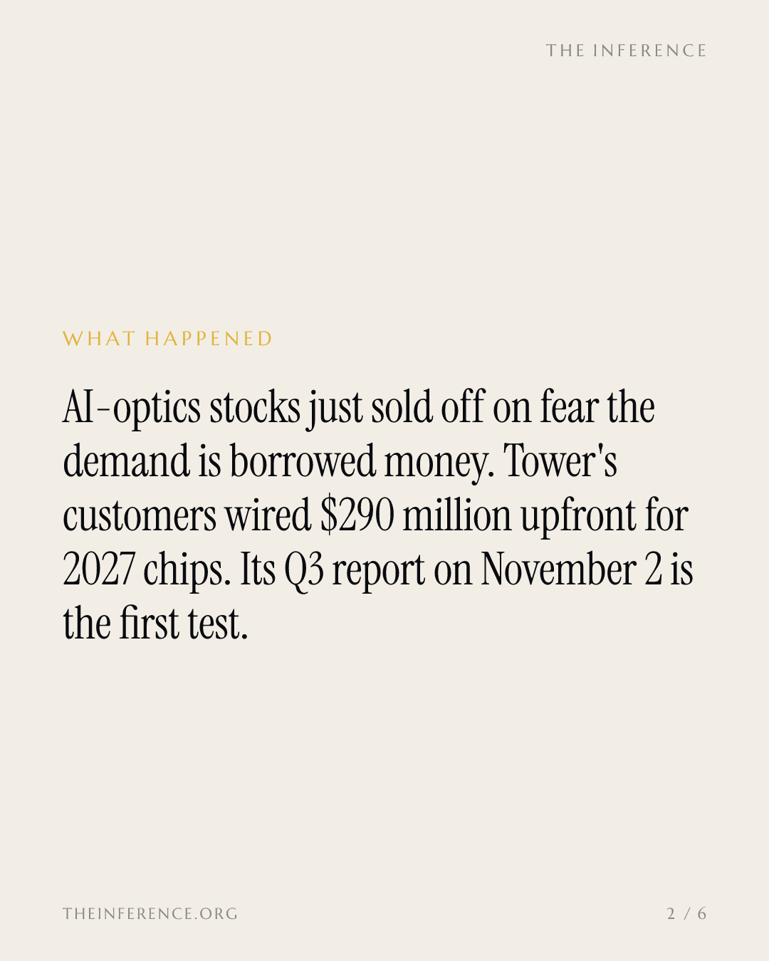 Tower Semiconductor: $290 million in prepaid 2027 orders after the optics rout; Q3 print November 2 — slide 1