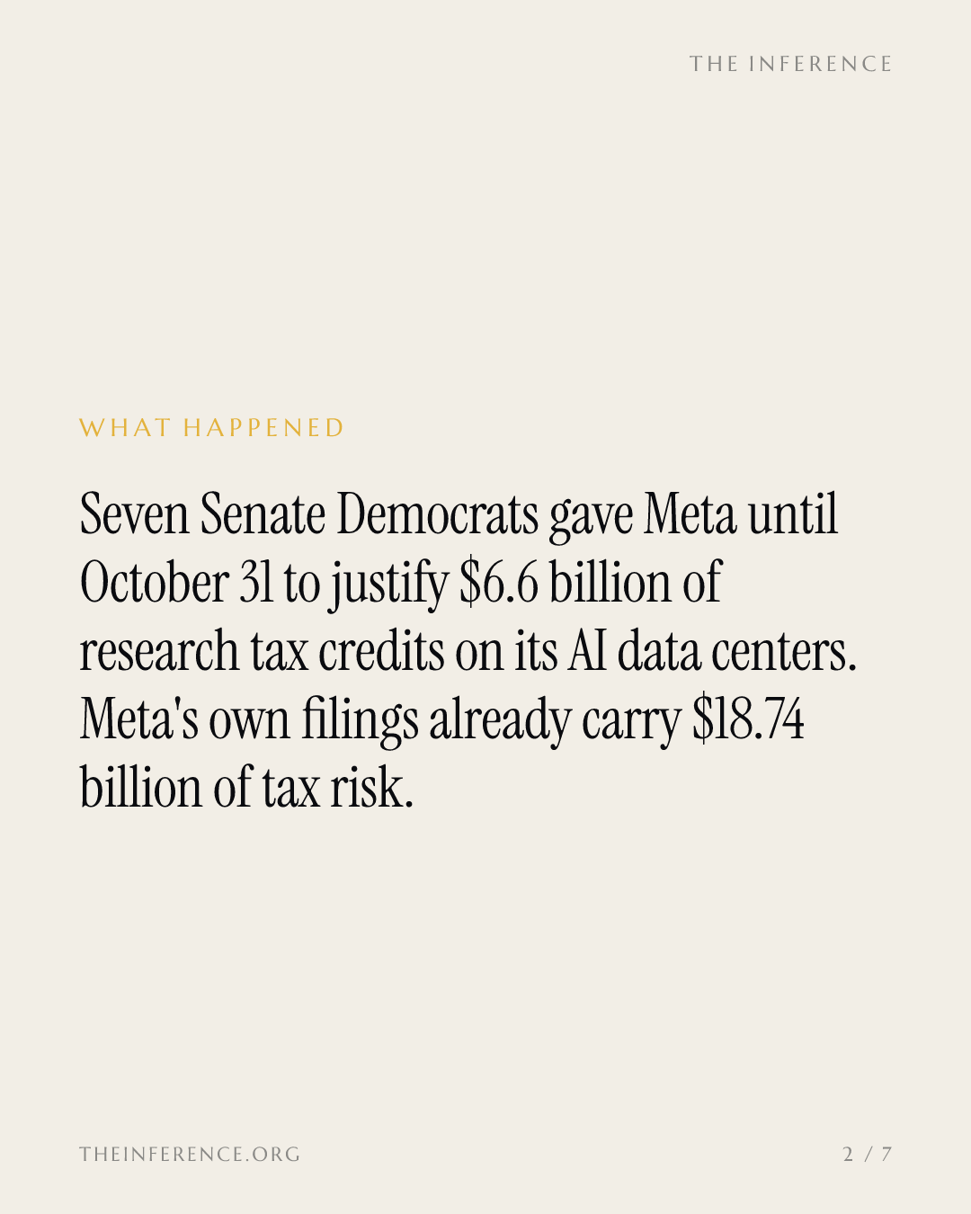Seven Senate Finance Democrats give Meta until October 31 to defend $6.6 billion of AI tax credits — slide 1