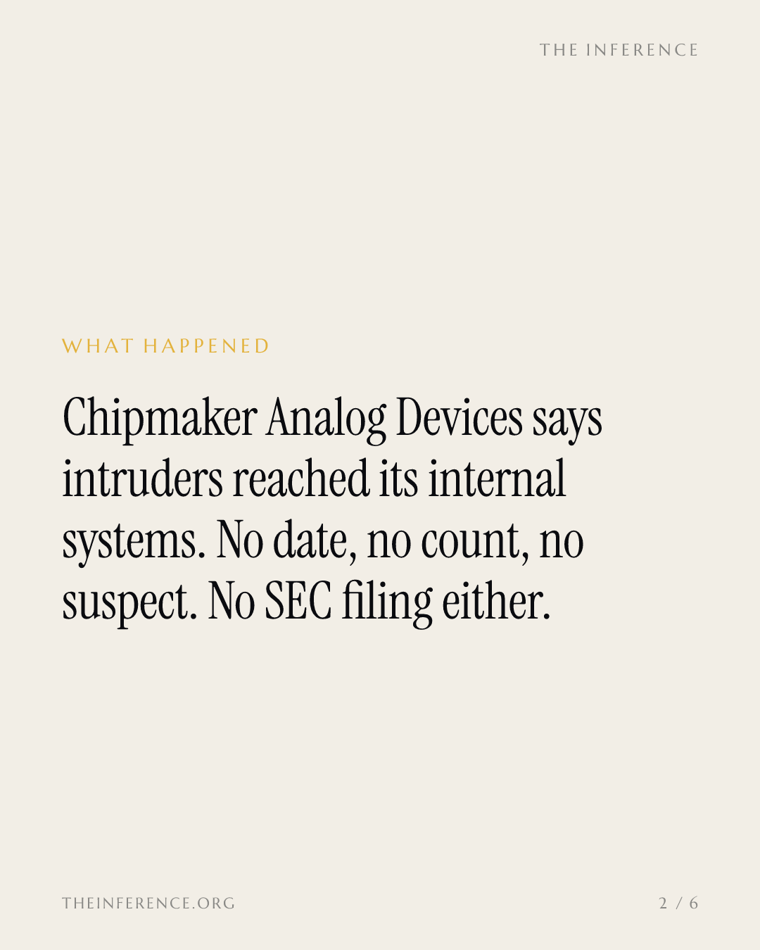 Analog Devices confirmed a breach, counted no one, and filed nothing — slide 1