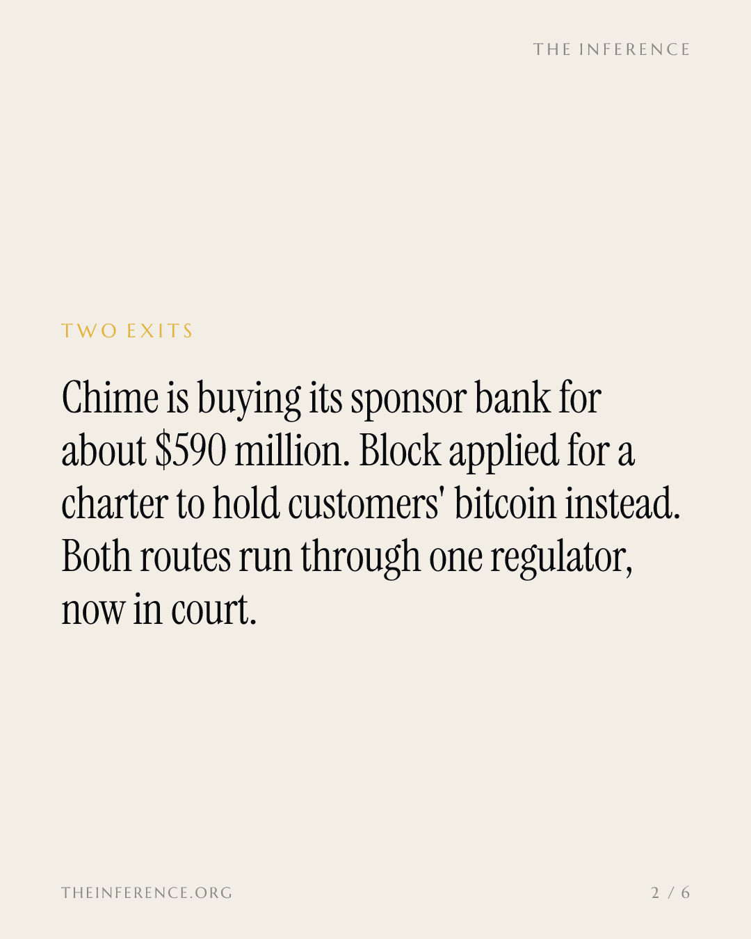Chime pays $590 million to own its sponsor bank; Block's charter bid rests on an OCC rule now in court — slide 1