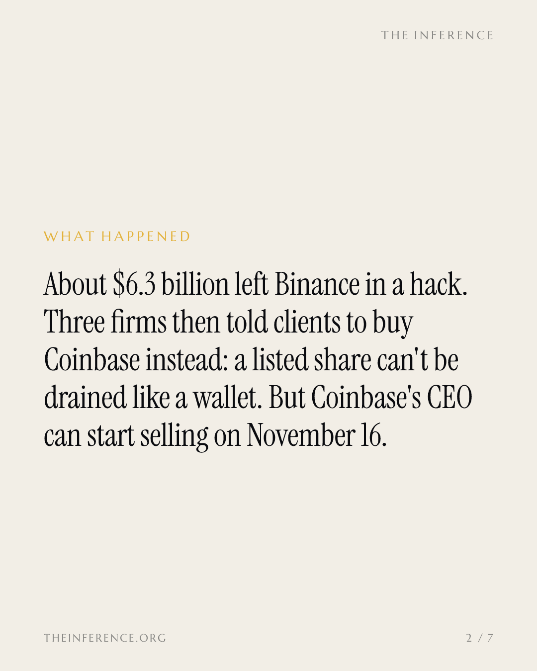 Three firms say buy Coinbase after Binance's $6.3 billion hack; Armstrong's sale window opens November 16 — slide 1