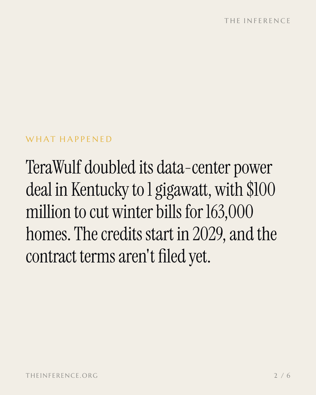 TeraWulf doubles its Kentucky power draw to 1 GW with $100 million in bill credits, none of it filed yet — slide 1